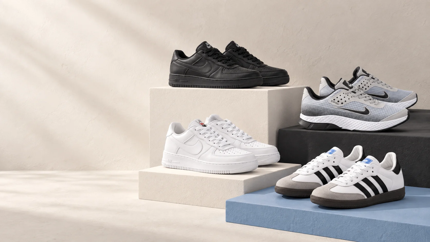 Selección de sneakers blancos, negros y grises de Calle Once